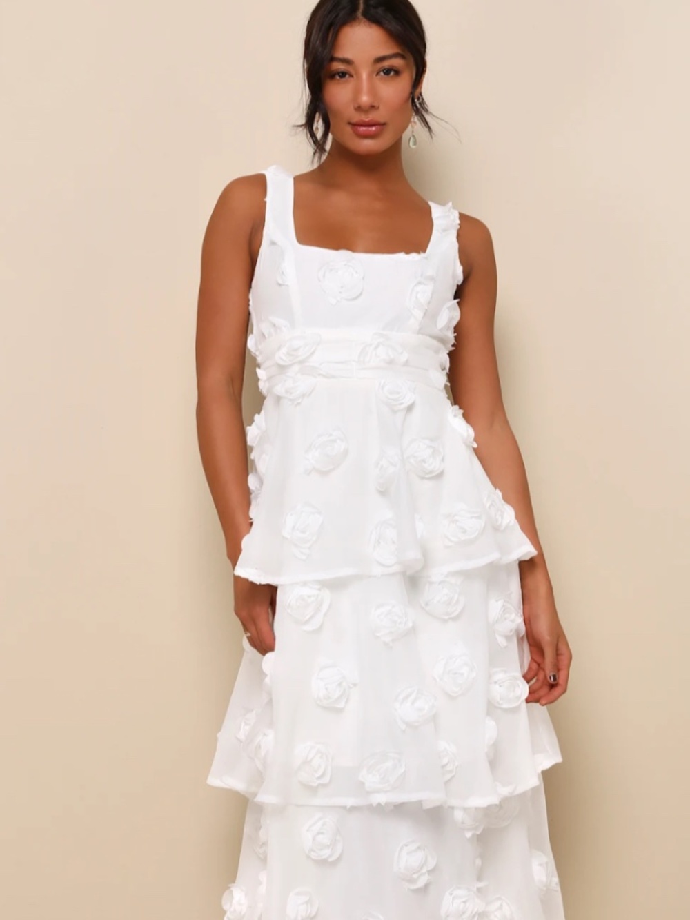 Lulus Exceptional Entrance White Sleeveless Tiered Rosette Midi Dress - Picture 14 of 16